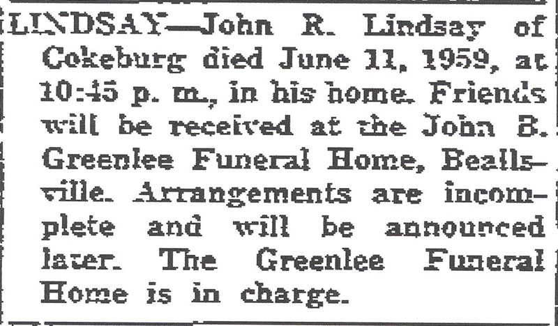 John R. Lindsay funeral notice